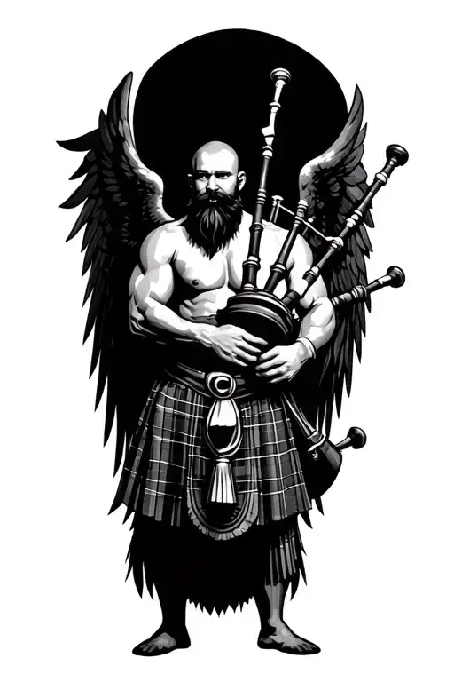 no legs shirtless muscular bagpiper bald black beard playing bagpipes hoge black wings tattoo design idea