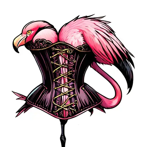 pink flamingo wearing corset tattoo design idea