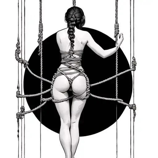 bound woman in shibari ropes suspended on back marionette strings tattoo design idea