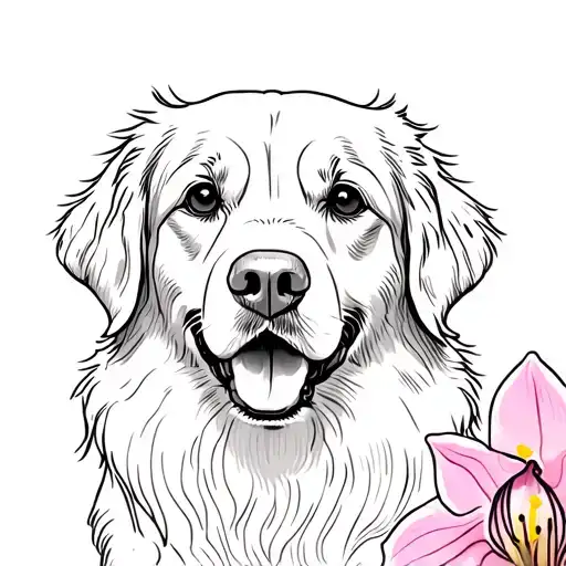 "mHm" outline with some detail of a golden retriever face looking forward, with a lady slipper flower in the background tattoo design idea
