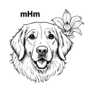 "mHm" outline with some detail of a golden retriever face looking forward, with a lady slipper flower in the background tattoo design idea