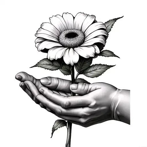 september birth flower being held by a old man's hand and a baby hand tattoo design idea