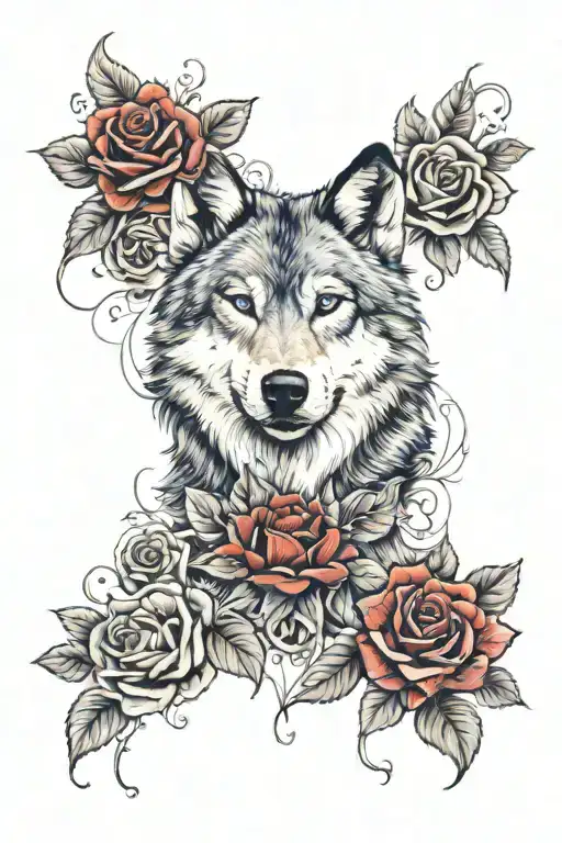 Wolf blue eyes surrounded by red roses blooming  tattoo design idea