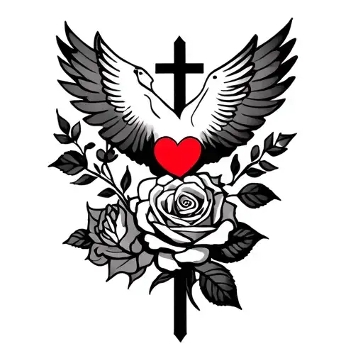 black Christian empty cross with dove on left short side and in the centre a red heart and growing off the bottom a rose tattoo design idea