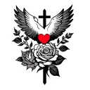 black Christian empty cross with dove on left short side and in the centre a red heart and growing off the bottom a rose tattoo design idea