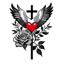 black Christian empty cross with dove on left short side and in the centre a red heart and growing off the bottom a rose tattoo design idea