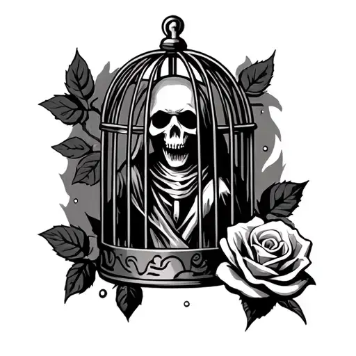 grim reaper in a cage and a rose as the lock tattoo design idea