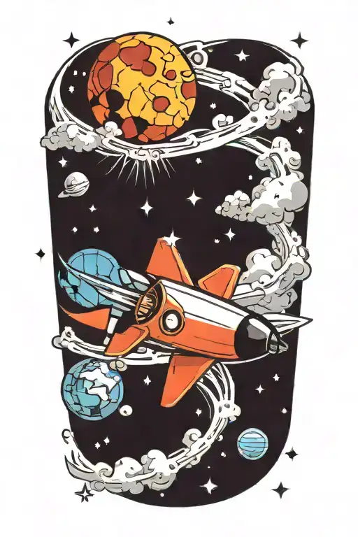 rocket with planets, stars, money signs and music notes  tattoo design idea