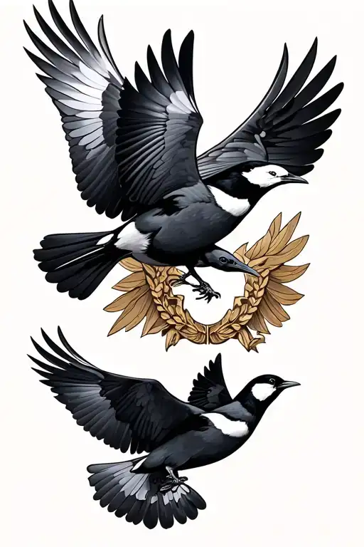 2 photorealistic magpies in flight with a badge in the middle  tattoo design idea