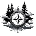 trees and compass with clouds surrounding tattoo design idea