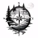 trees and compass with clouds surrounding tattoo design idea
