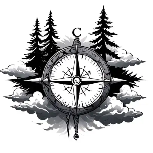 trees and compass with clouds surrounding tattoo design idea