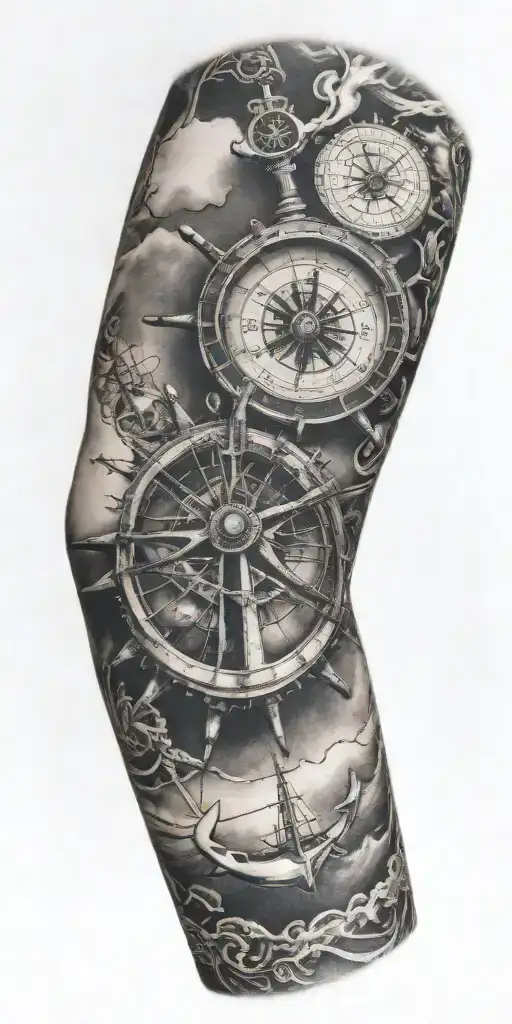 nautical arm sleeve with compass, anchor, ship, ship wheel  tattoo design idea