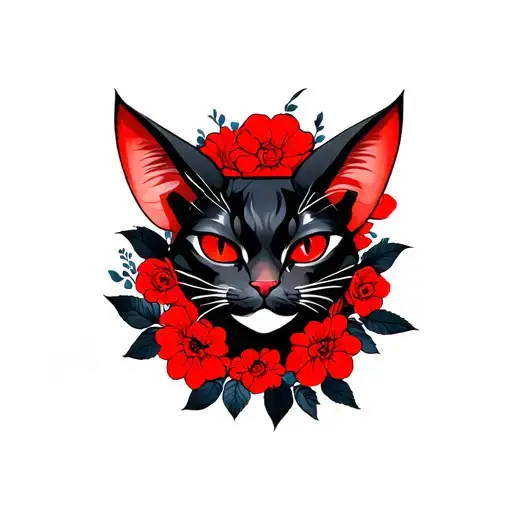 Cat demon with only one red horn in the middle of the head, red eyes, and black and red flowers at the background  tattoo design idea