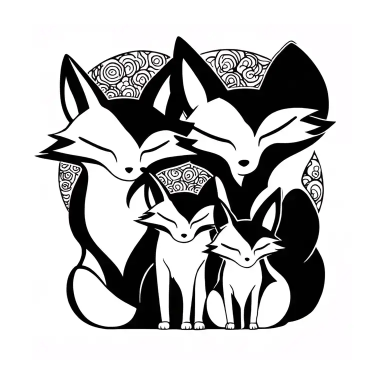 Ultra-minimalist black line tattoo of a complete Kitsune fox family (father, mother, small daughter) sitting closely cud tattoo design idea
