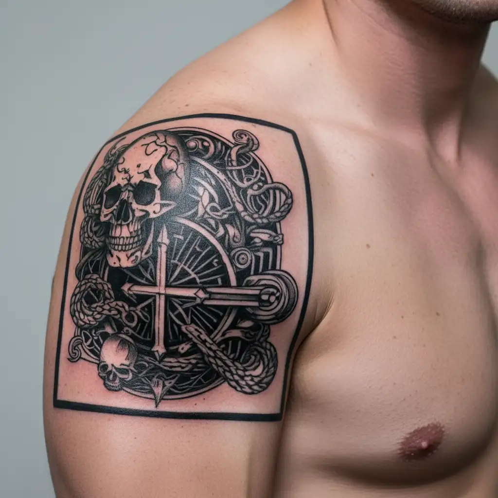  Incorporate BDSM symbols such as Dice, rope, whip,collar and chastity belt  with staves  tattoo design idea