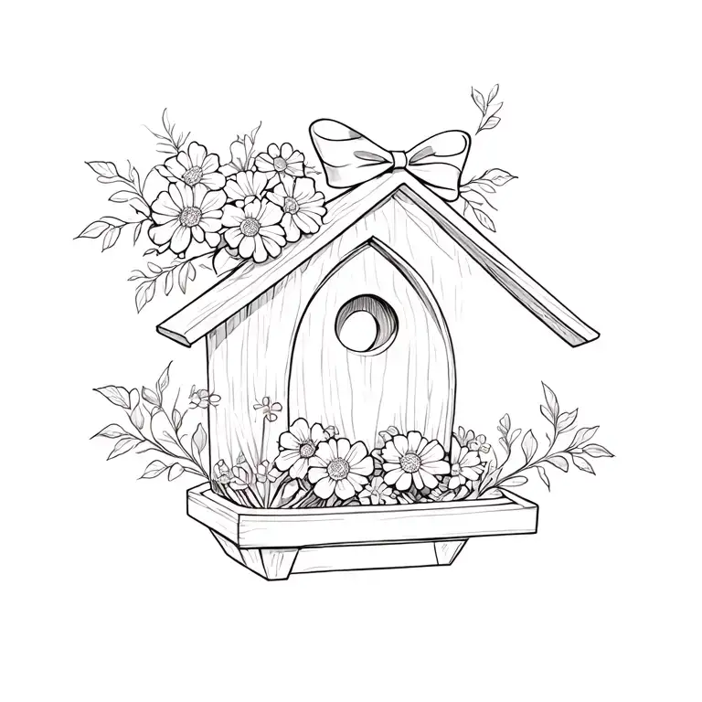simple birdhouse with honeysuckle and marigolds inside and a dainty bow on top  tattoo design idea