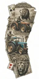 Tractor Plowing, Punjab map with a sword, Farmer man,Lion, Playing Cards, Letter G tattoo design idea