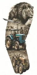 Tractor Plowing, Punjab map with a sword, Farmer man,Lion, Playing Cards, Letter G tattoo design idea