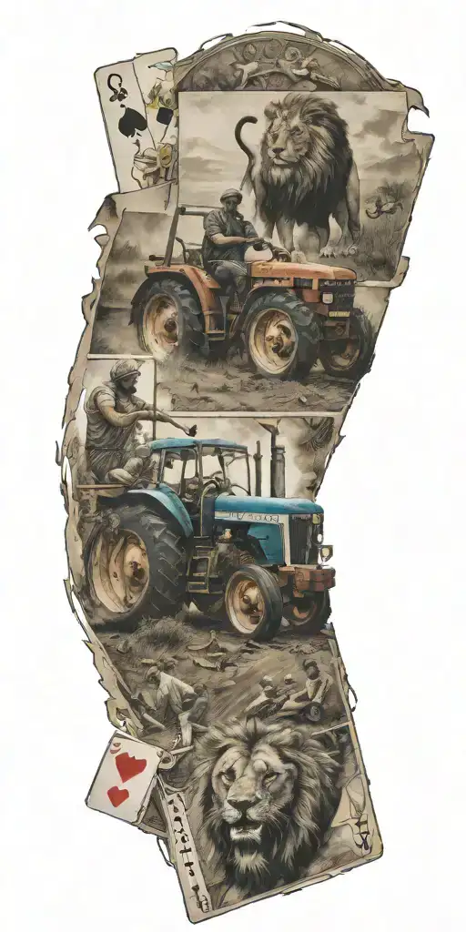 Tractor Plowing, Punjab map with a sword, Farmer man,Lion, Playing Cards, Letter G tattoo design idea