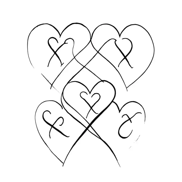 four hearts connected with three initials line tattoo tattoo design idea