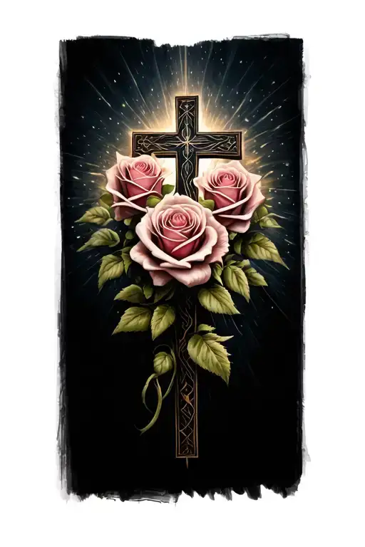 Roses with light beams and a biblical cross tattoo design idea