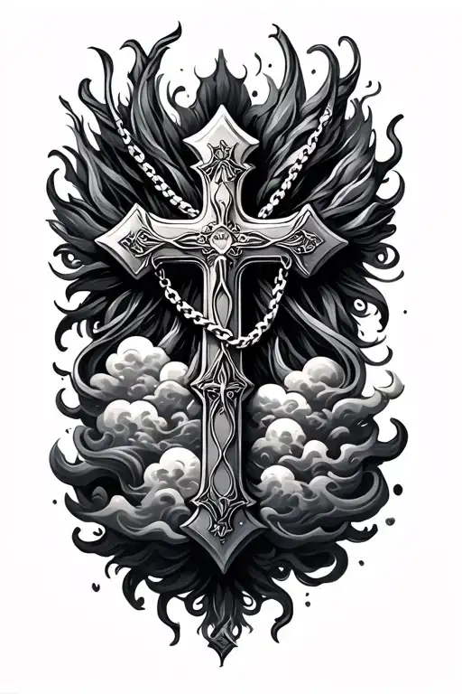 cross with a necklace cross surrounded that blends with clouds  tattoo design idea