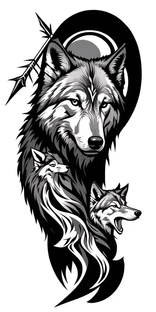 a full tribal sleeve with an arrow going through it with wolves included  tattoo design idea
