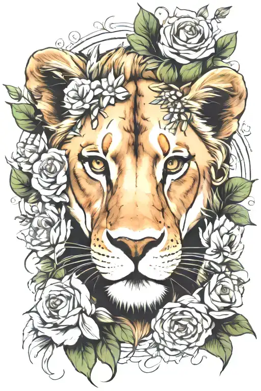 lioness face surrounded by flowers, goddess vibes, realistic fur, black and white except for green eyes  tattoo design idea