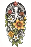 snowdrops, rose, marigold, octopus tenticals tattoo design idea