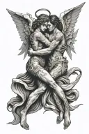 angel and demon hugging each other side tattoo design idea