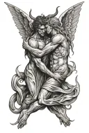 angel and demon hugging each other side tattoo design idea