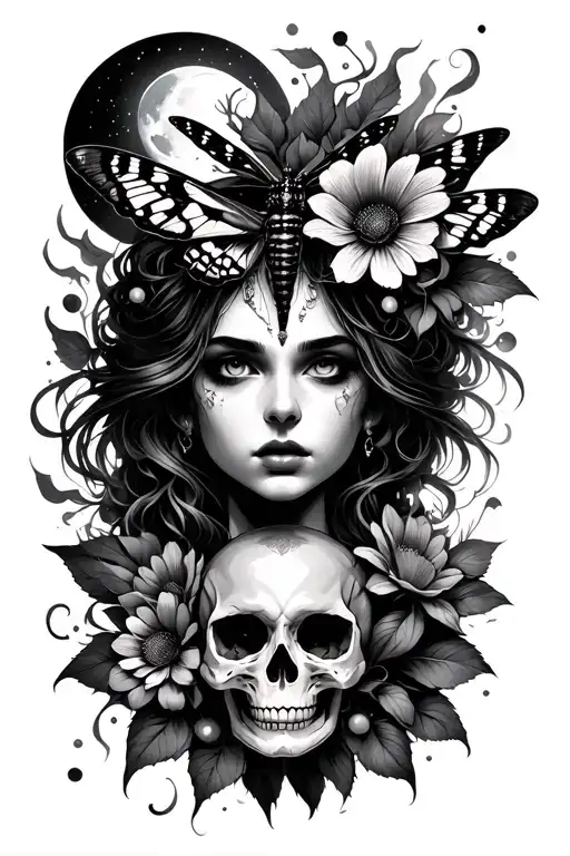 dark moody queen of night flower with a moth and fog and moon skull for half the face tattoo design idea