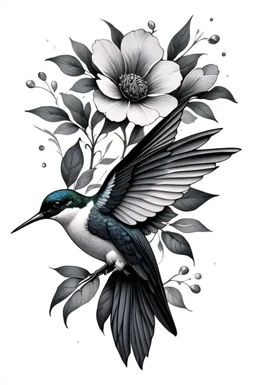 humming bird with flowers tattoo design idea