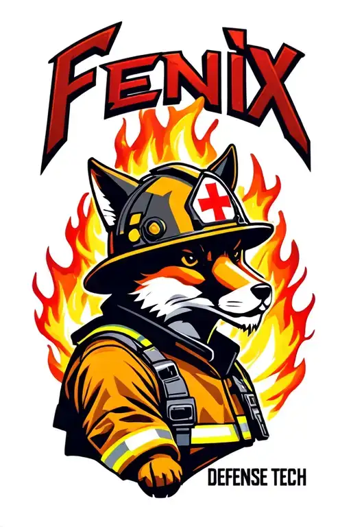 "Fenix Defense Tech" Tough Fox wearing firefighter gear, surrounded by flames. Helmet has maltese cross fire symbol. tattoo design idea