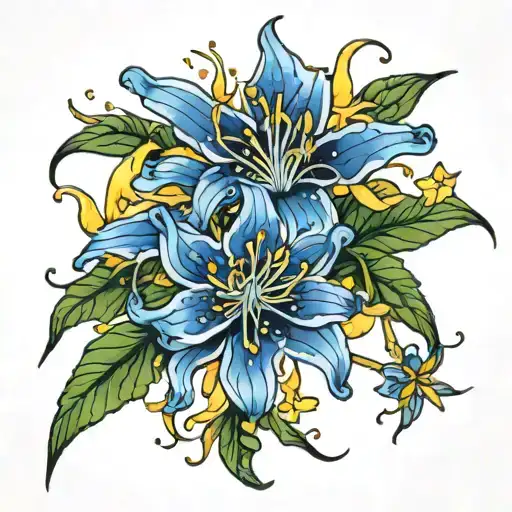 Blue Spider Lily flower with yellow stars tattoo design idea