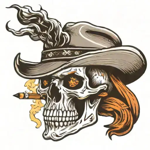 skull with cowboy hat smoking a cigarette tattoo design idea