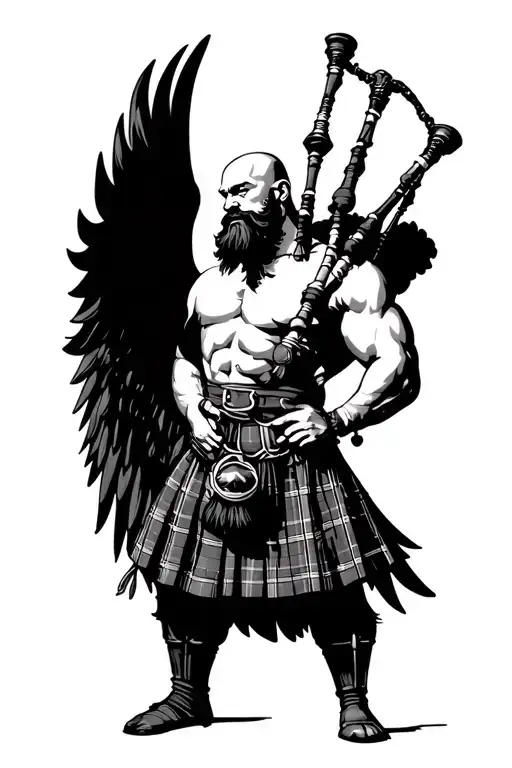  bagpiper big black wings on back muscular playing the bagpipes bald with  black beard  tattoo design idea