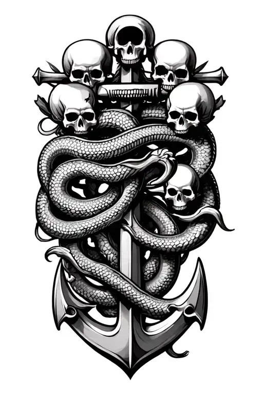anchor wrapped in sea serpent surrounded by skulls tattoo design idea