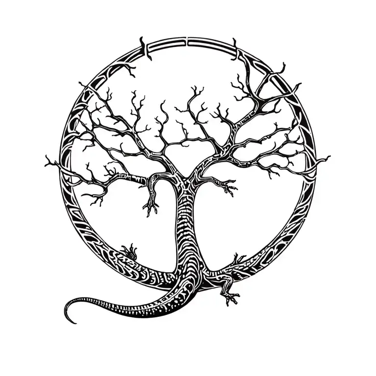 tree of life, Lizard tattoo in 80s tattoo design idea