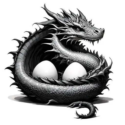 adult dragon wrapped around eggs tattoo design idea