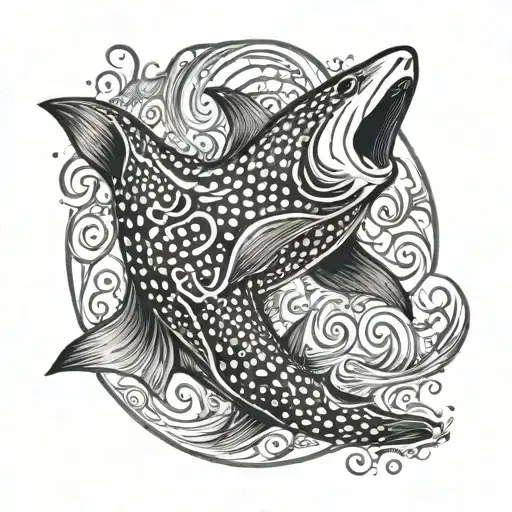 a whale shark and horse in a yin-yang style, with water waves around the whale shark and fire pattern around the horse tattoo design idea