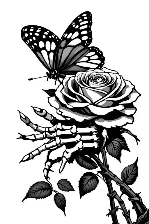 butterfly resting on rose, rose being held by skeleton hand, hand and rose wrapped in barbed wire tattoo design idea
