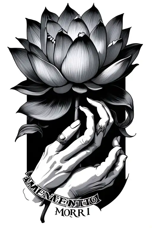 lotus flower with stem saying memento mori and at the end of the stem have a dogs paw and human hand holding it tattoo design idea