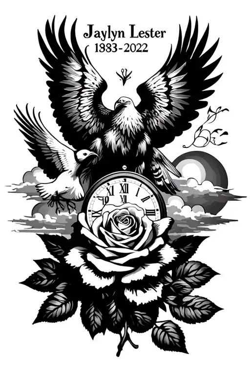 "Jaylyn Lester"  time clock, eagle, doves with clouds. A rose with the dates 1983-2022  tattoo design idea