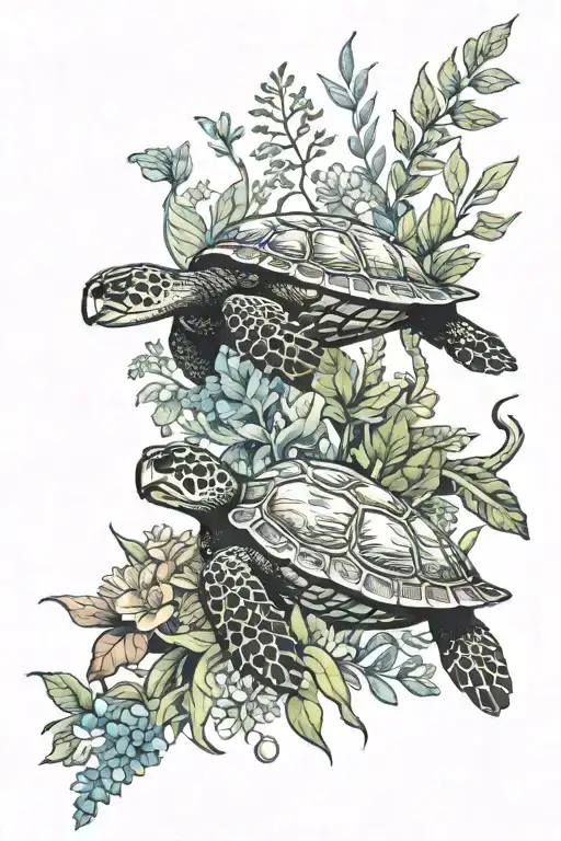 sea turtle swimming surrounded by foliage and flowers tattoo design idea