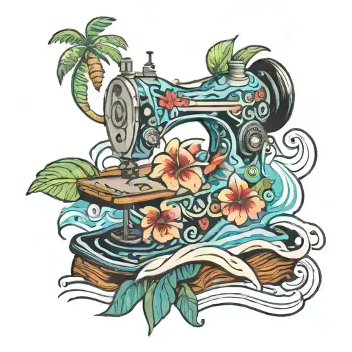 sewing machine mai tai palm tree wave tattoo design idea