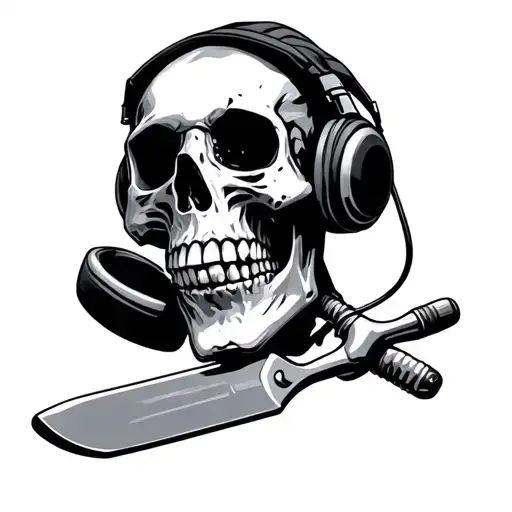concrete, skeleton, trowel skull wearing headphones tattoo design idea