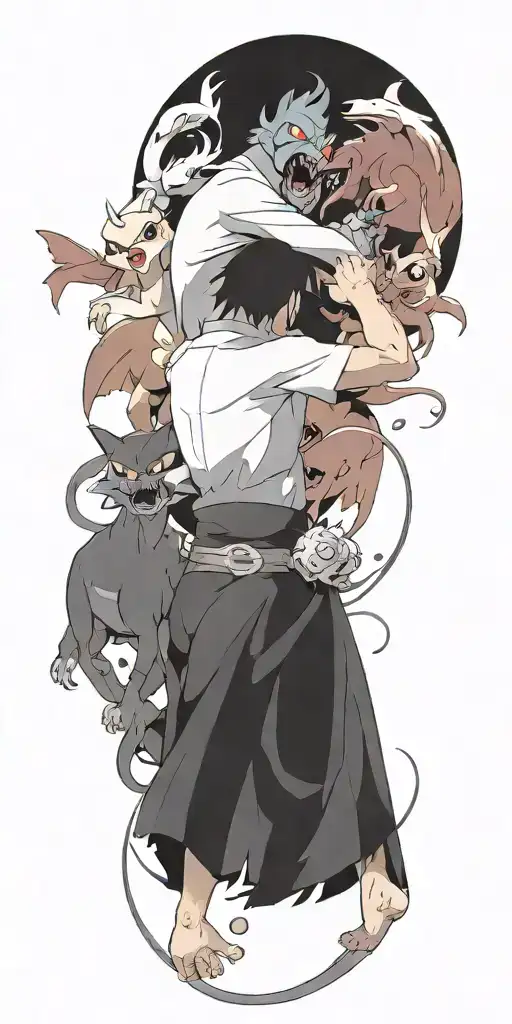 pokemon battling in the form of heaven and hell horror style tattoo design idea