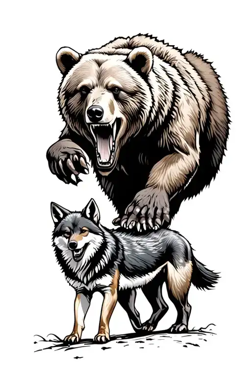 a grizzly bear roaring and a coyote walking hand in hand tattoo design idea